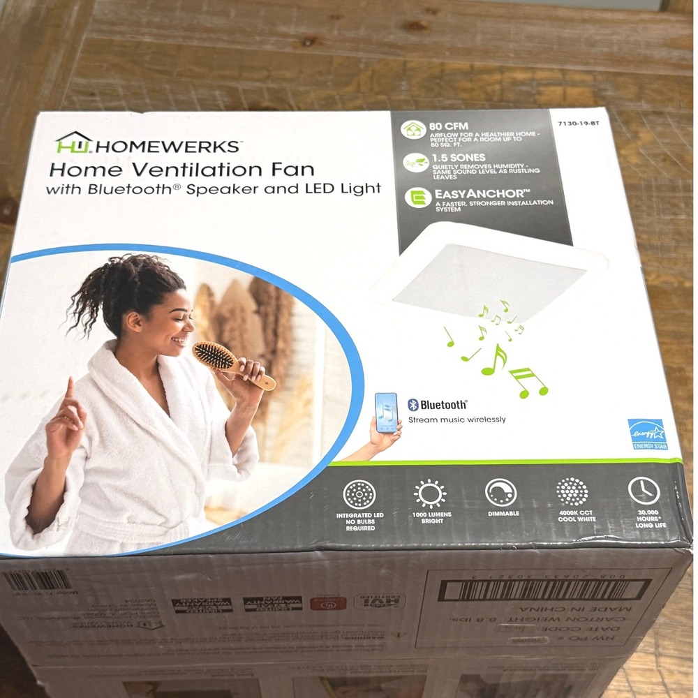 Homewerks 80 CFM Bathroom Ventilation Fan Bluetooth Speaker NEW Light 7130-19-BT